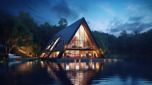 三角形房屋设计的 3D 插图，具有未来主义美学，以湖林为背景，可欣赏营地夜景