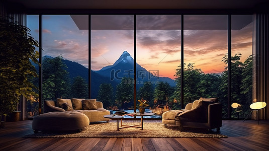夜空下山景玻璃屋客厅的 3D 渲染