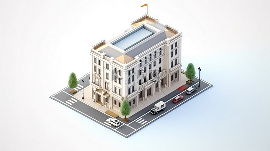 政府背景背景图片_白色背景下城市等距银行金融大楼的 3D 渲染