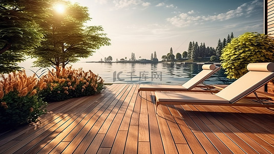 躺椅背景图片_现代室内设计中带日光躺椅和风景优美的湖景的木制户外露台的 3D 渲染