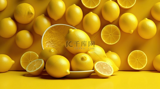 冰柠檬柠檬背景图片_3d 插图黄色柠檬背景作为图片放置