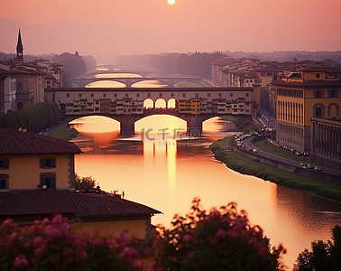 佛罗伦萨图像中的一座大桥在日落时