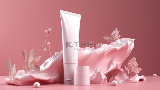 粉红色背景下美容化妆品 3D 渲染中的白色奶油脸