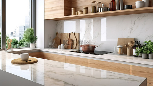 带有大理石台面水槽和厨具的木质和白色厨柜的 3D 渲染