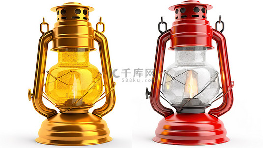 白色背景上红金和黄色 3d 渲染树煤油灯的老式灯笼