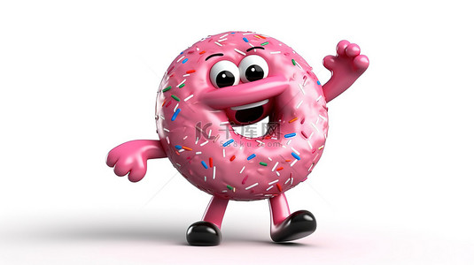 3D 渲染的吉祥物地球仪顶部粉色釉面甜甜圈，白色背景上有大草莓