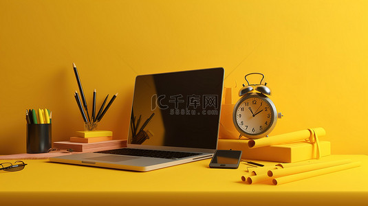 工作日程背景图片_黄色背景工作区，配有笔记本电脑闹钟和彩色铅笔，3D 渲染，带有文本空间