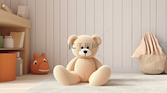 儿童或家庭房间中泰迪熊玩具的 3D 渲染