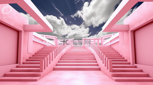 3d 渲染中的白云和粉红色楼梯