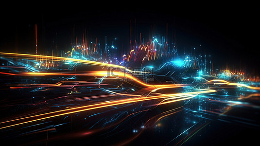 未来网络闪光霓虹灯和发光灯在黑暗场景中高速移动的 3d 渲染描绘了未来互联网的超空间星际旅行