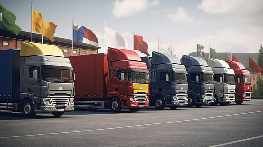 货物月台背景图片_3D 渲染中装饰卡车车队的各种旗帜
