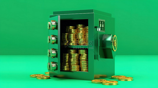 安全的绿色加密货币安全持有比特币和现金，从绿色背景 3D 渲染的上方查看