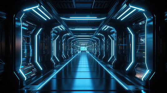 科幻插图霓虹蓝色航天器走廊在深色背景上以 3D 渲染
