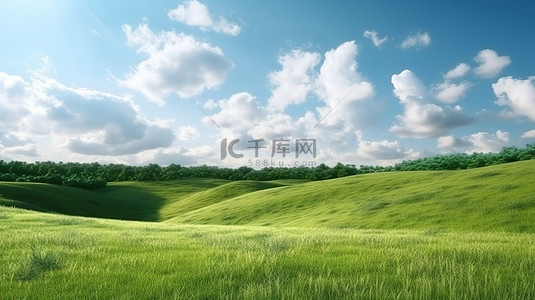 3d 渲染起伏的草地，绿草茂盛，天空阴沉