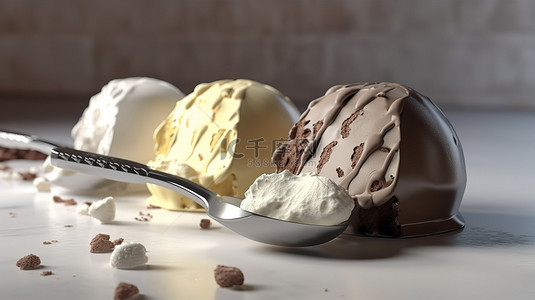 美味冰淇淋勺的 3d 渲染，包含四种巧克力，包括奶油白巧克力
