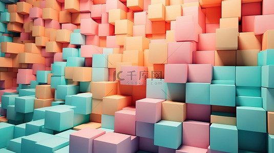 抽象 3D 渲染墙背景上的柔和色几何立方体