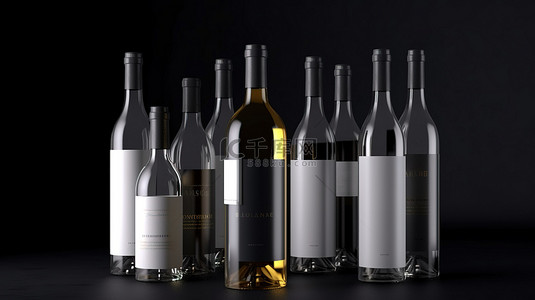 疯抢标签背景图片_优雅的白葡萄酒瓶，灰色背景上带有干净的标签，3D 渲染中令人惊叹的酒精酒厂饮料概念