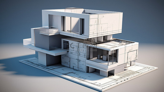 滚动指示器背景图片_当代立方体形状房屋 3D 渲染上的手写笔记测量和指示