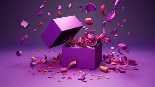 3D 渲染爆炸紫色礼品盒的插图，其中包含惊喜物品，非常适合特殊场合和幸运问候