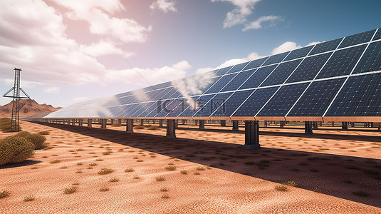 电站背景图片_阳光明媚的沙漠环境中光滑的黑色太阳能电池板 3d 光伏电站
