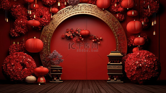 中国新年设计背景的真实感 3D 渲染，用于横幅海报贺卡和小册子