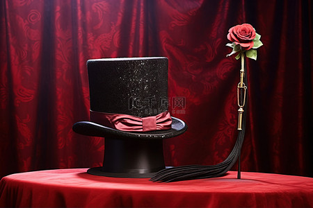 红玫瑰背景图片_魔术表演服装高顶礼帽和天琴棍