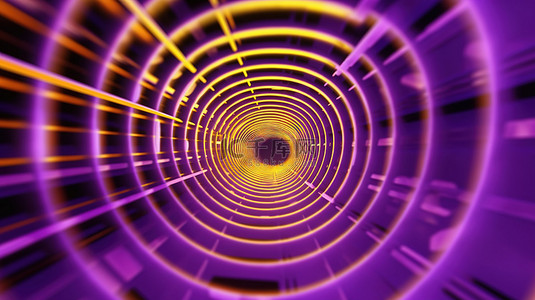 科技感装饰条背景图片_飞过带有黄色环和紫色条的隧道的 3D 渲染插图