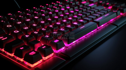 黑色背景上霓虹灯粉红色照明的 3D 逼真计算机或笔记本电脑键盘