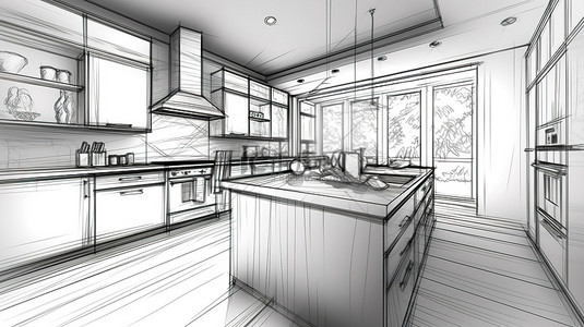 抽象厨房房间草图的 3d 渲染