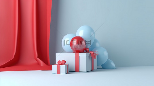 蓝色方框内带红丝带的白色气球的柔和 3D 概念渲染