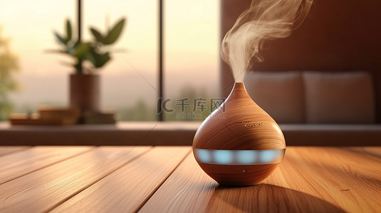 放置在木桌上的芳香疗法空气清新剂的 3D 渲染
