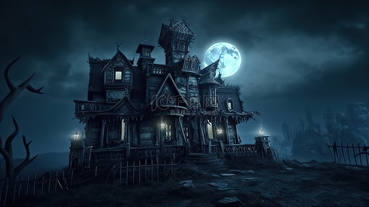 月光海背景图片_月光下的幽灵城堡 3d 插图