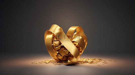 金色丝带心形的 3D 插图，代表儿童癌症意识