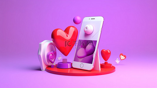 活动界面背景图片_带心脏和智能手机界面的紫色 3D 渲染插图扩音器