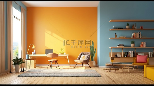 充满活力的客厅设计木地板橙色和黄色墙壁蓝色扶手椅和实用工作桌3D渲染