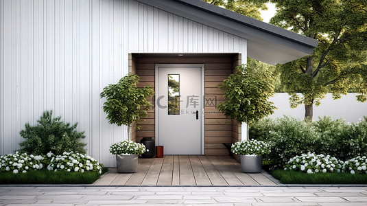 令人惊叹的绿色花园和现代灰色板墙环绕前屋入口与白色门的 3D 渲染