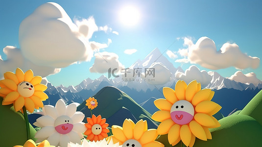 可爱的阳光郁郁葱葱的云盛开的花朵和雄伟的 3D 山脉
