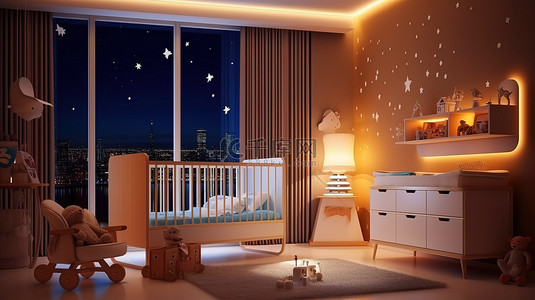带夜间照明的现代婴儿房设计 3D 渲染图像