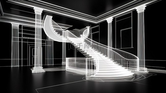 3D 渲染的室内建筑概念，具有楼梯柱子窗户和黑色背景下的其他设计元素