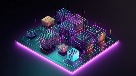 区块链技术的等轴图及其在 3d 渲染中对不可替代令牌 nfts 的应用