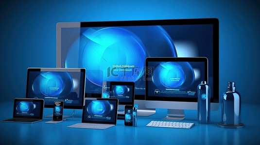 电脑背景图片_在蓝色工作室的设备上进行响应式网页设计的 3D 渲染