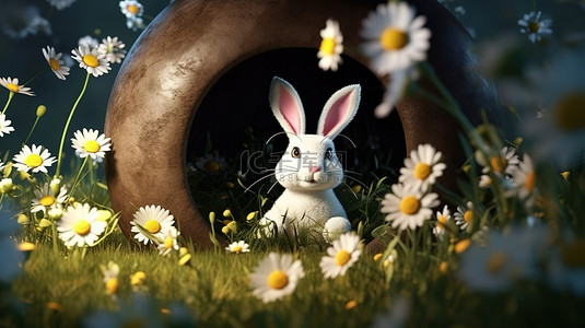复活节兔子耳朵从带有复制空间的雏菊填充孔中出现的 3D 插图