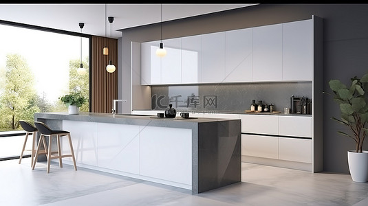 室内样机背景图片_现代厨房设计 3D 渲染室内样机