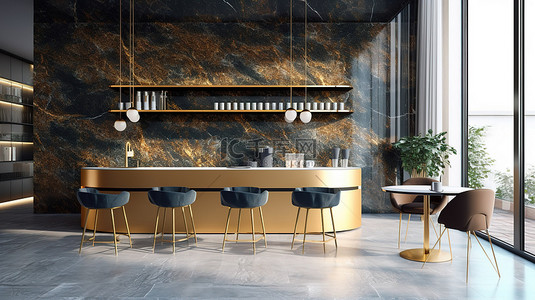 现代高端咖啡店内部的 3D 渲染，配有时尚的柜台和舒适的座椅