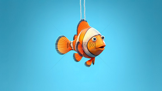 蓝色背景下凝视鱼钩的卡通红海小丑鱼的 3D 渲染