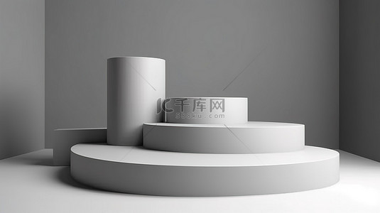 抽象产品展示，带有灰色 3D 圆柱讲台和平躺背景上的台阶