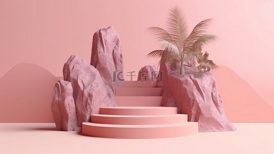 产品台阶背景图片_柔和的粉红色双台阶讲台，3D 渲染中带有天然岩石和棕榈场景背景