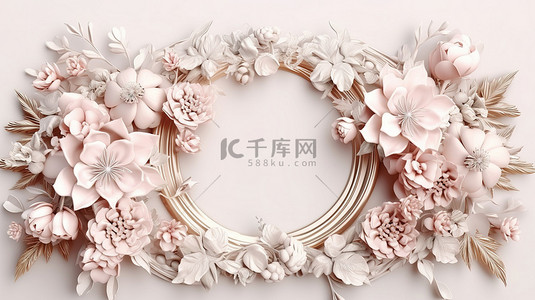 精致柔和的婚礼背景与复古框架中的花卉特写优雅的 3D 插图