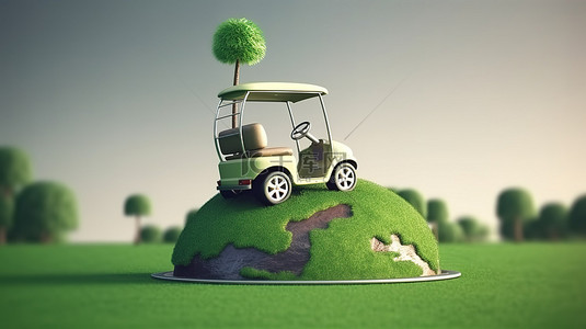 用高尔夫球车和路标用地球仪的 3D 渲染风格探索世界