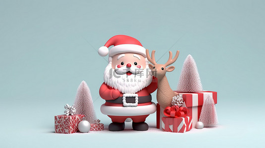 可爱的圣诞老人拿着礼品盒棒棒糖的 3D 插图，与驯鹿和装饰圣诞树合影，非常适合复制空间